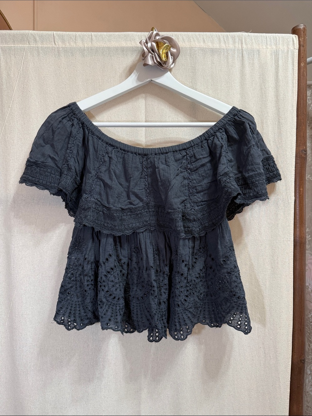 American Eagle Outfitters Black Off-Shoulder Eyelet Peasant Top